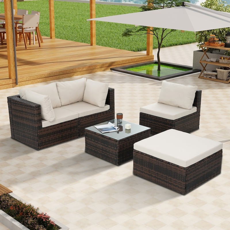 5-Piece PE Rattan Wicker Patio Conversation Set with Cushions