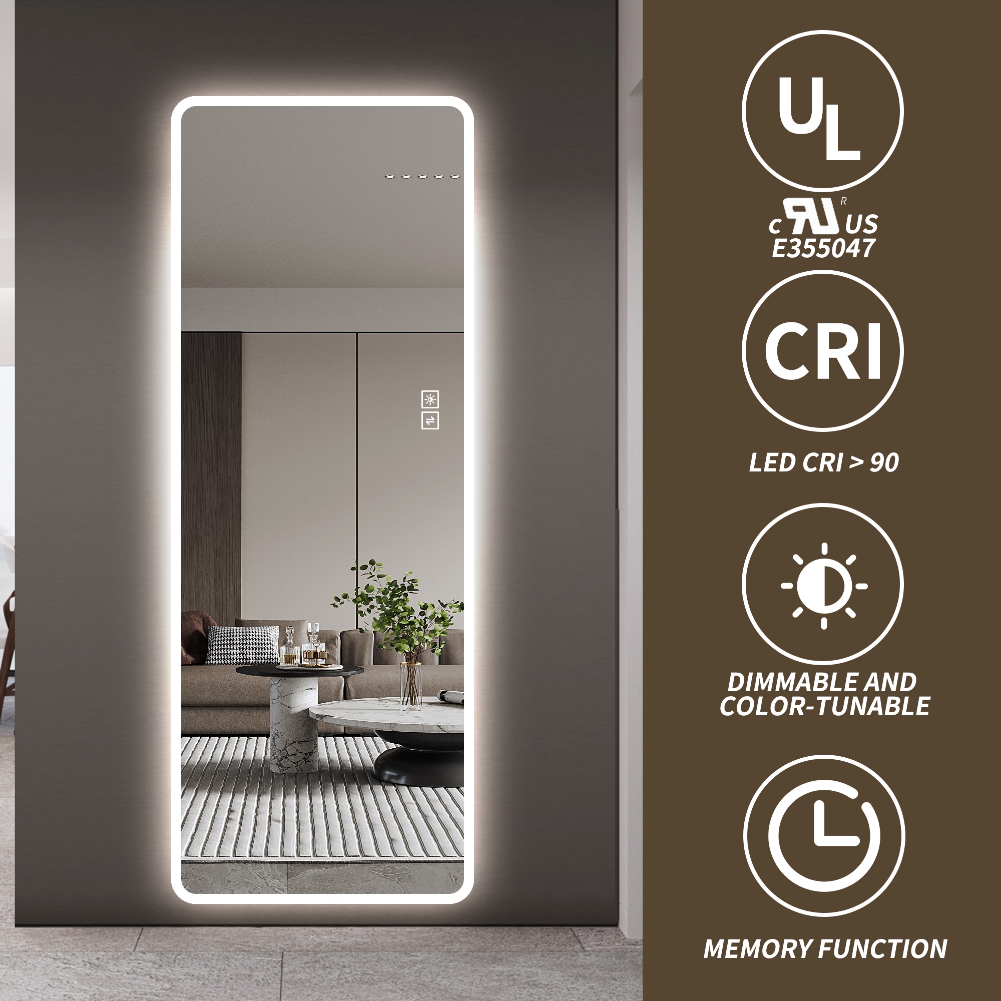 Wall-Mounted Rectangular LED Full Length Mirror, 63