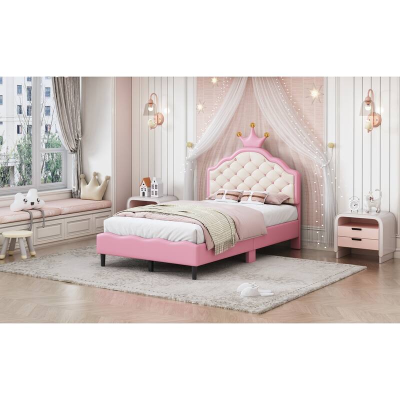 Twin Size Princess Bed with Crown Headboard, Tufted Leather Upholstery, and Dreamy Design in Pink & Cream