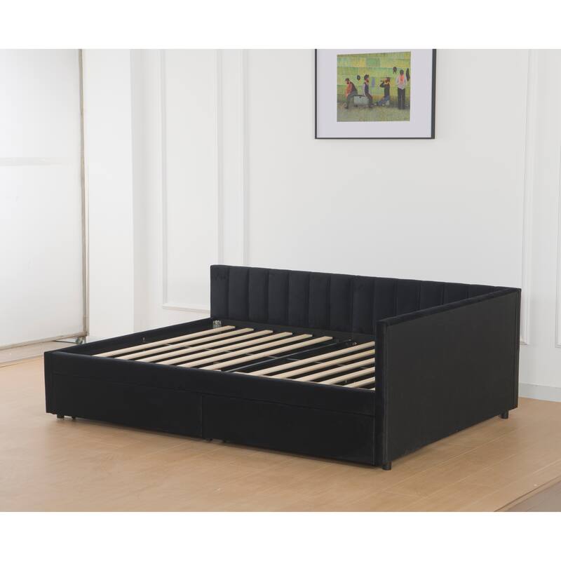 Full Size Daybed with Storage Drawers Upholstered Corner Bed with L Shaped Headboard Velvet Daybed Frame