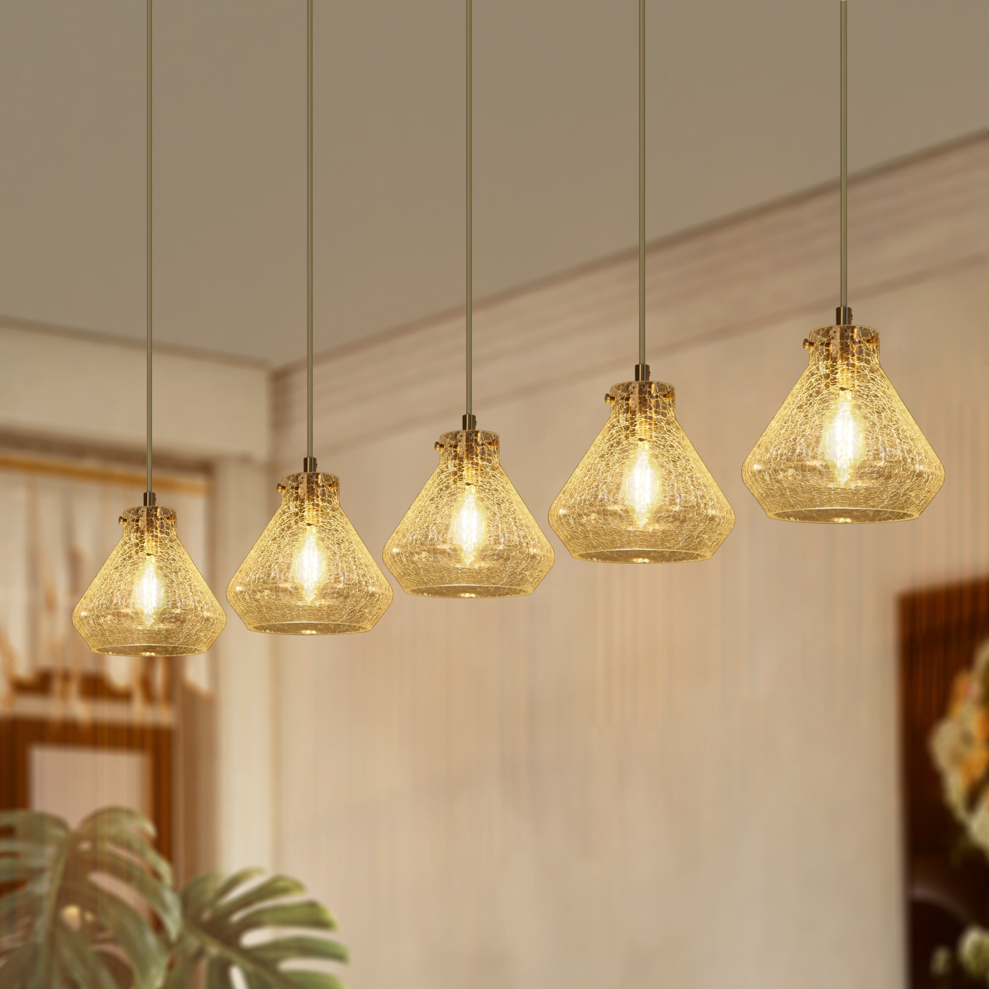 Modern Luxury 5-light Brass Gold Crackled Glass Chandelier Bowl-shaped Kitchen Island Light for Dining Room
