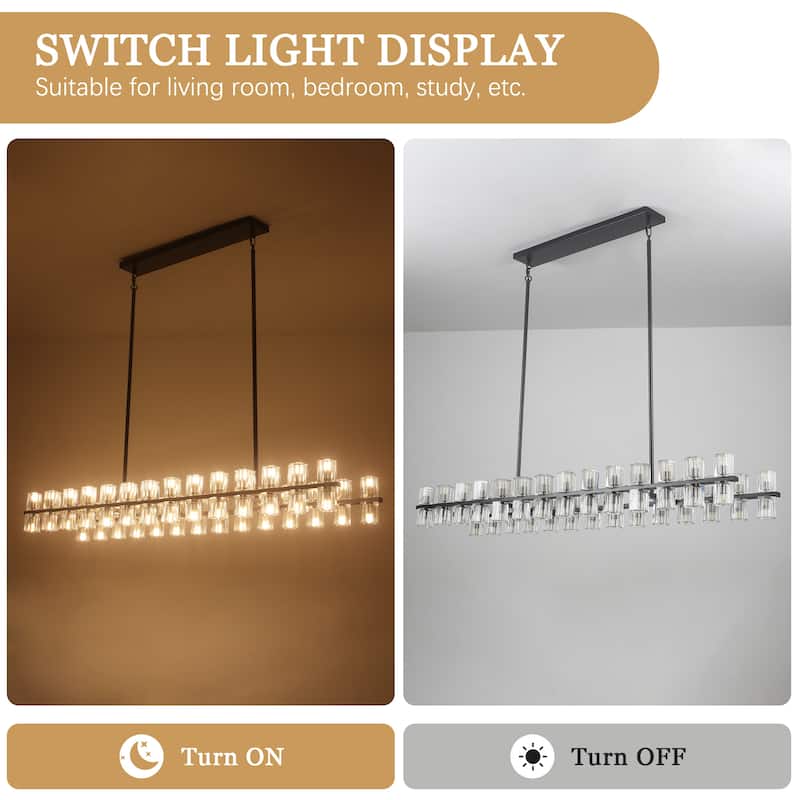57.09-inch 56-light modern and stylish linear metal chandelier with crystal lampshades
