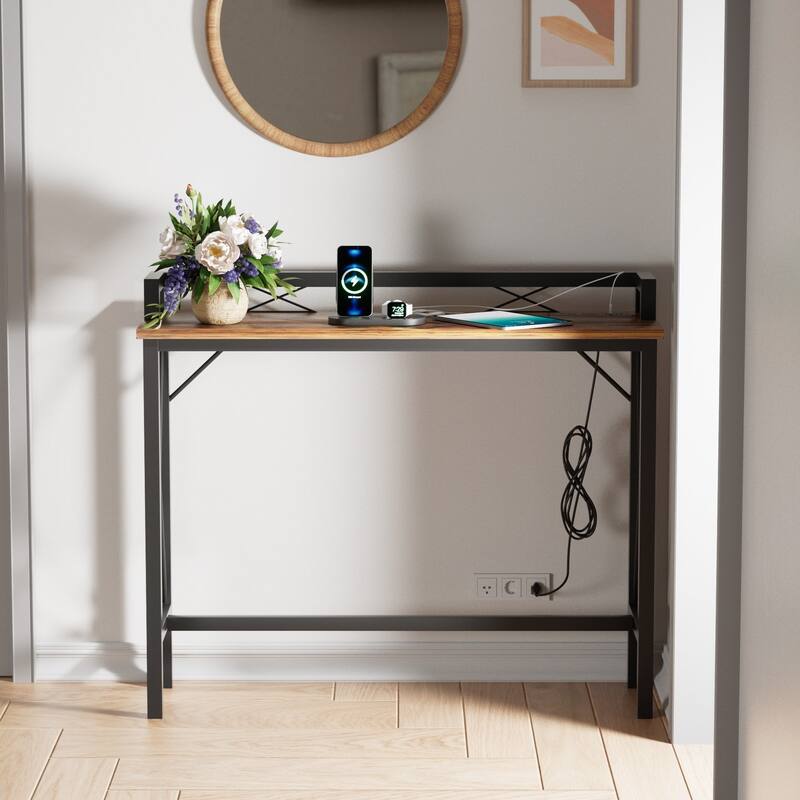 Console Table with 2 Outlet and 2 USB Ports,Entryway Table Narrow Charging Station Sofa Table