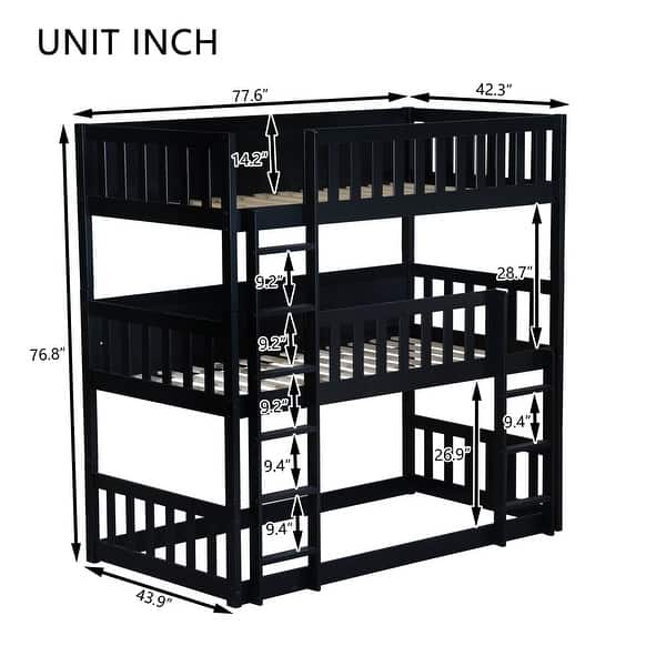 dimension image slide 1 of 2, Twin Size Triple Bunk Bed, Rubber Wood Frame with Ladders, Guardrails, Detachable Design for Kids Room, Easy Assembly, Black