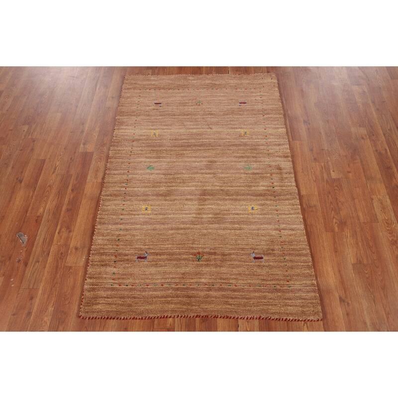 Brown Striped Gabbeh Indian Accent Rug Hand-Knotted Wool Carpet - 3'2" x 4'10"