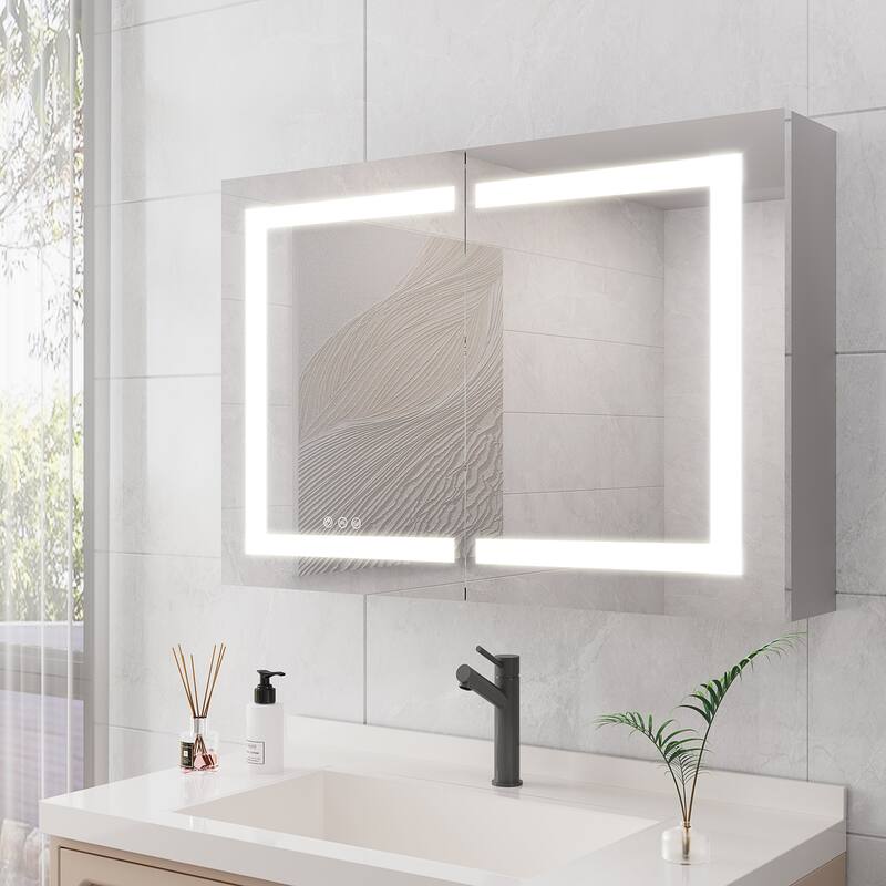 36" Surface Mount Aluminum Medicine Cabinet with Double Door, Mirror and LED Lights