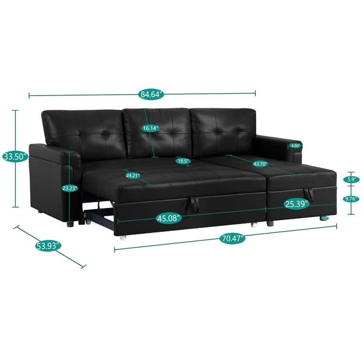 Modern Reversible Convertible Sleeper Sectional Sofa Bed - L-Shape with Storage Chaise, Wide Armrest and Durable Legs