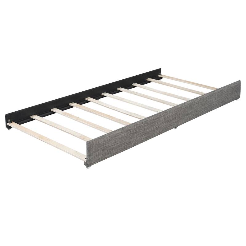 Queen Size Upholstered Platform Bed with Brick Pattern Headboard and Twin XL Size Trundle, Linen Fabric, Gray