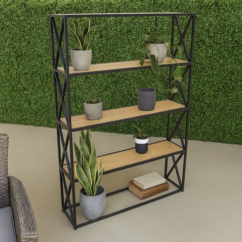 Lewy Plant Stand, X-Cross Sides, 4 Tier Wood Shelves, Black Metal