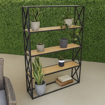 Lewy Plant Stand, X-Cross Sides, 4 Tier Wood Shelves, Black Metal