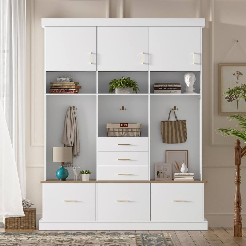 75" Entryway Hall Tree with Bench and Storage - 5-in-1 Modern Design - White