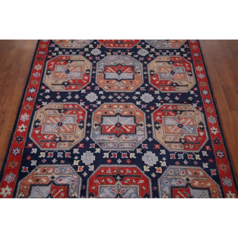 Geometric Navy Blue Khotan Indian Rug Hand-Knotted Wool Carpet - 4'0"x 6'1"