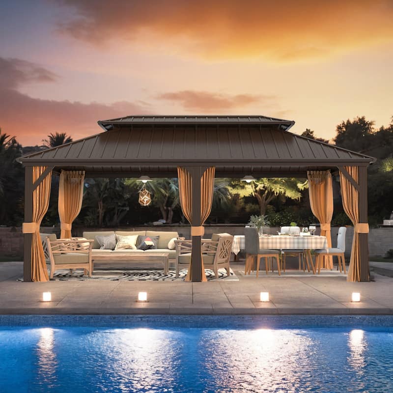 Outdoor Hardtop Gazebo with Galvanized Steel Double Roof & Aluminum Frame, Outdoor pergola with Premium Curtains and Nettings