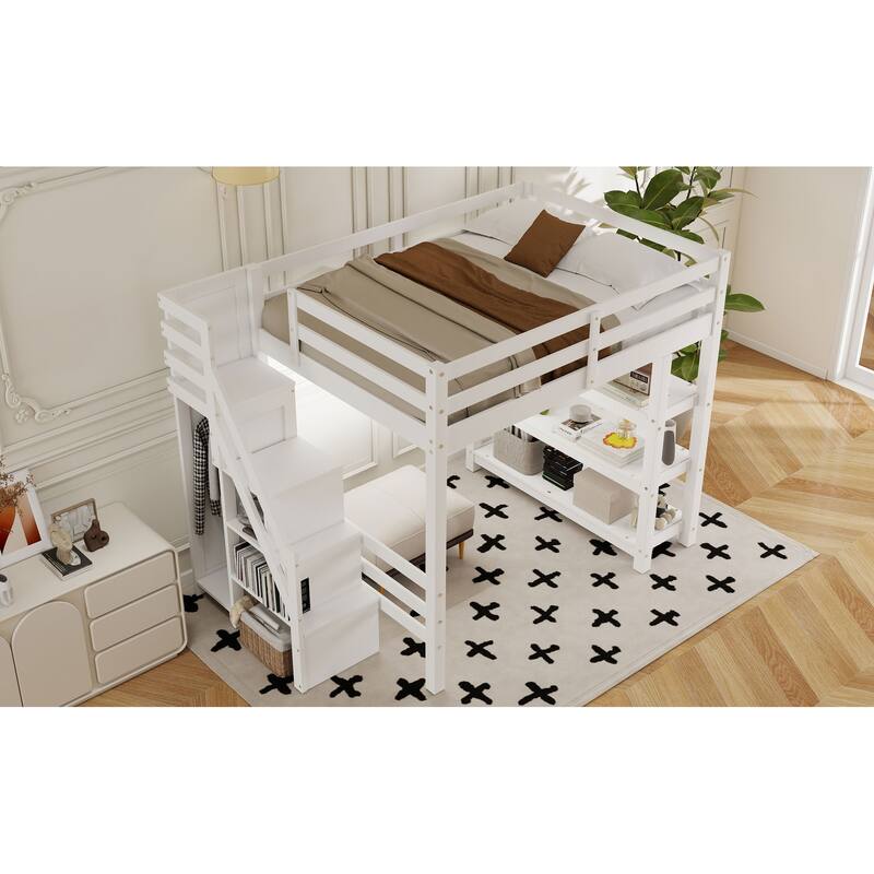 Wood Full Size Loft Bed with Shelves, Storage Staircase, Small Wardrobe and LED Light, Loft Bed Frame w/Slats Support