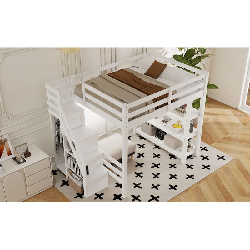 Wooden Loft Bed Frame with 4-tier Storage Shelf, Small Wardrobe, White LED Light and Storage Staircase, Space Saving Storage Bed