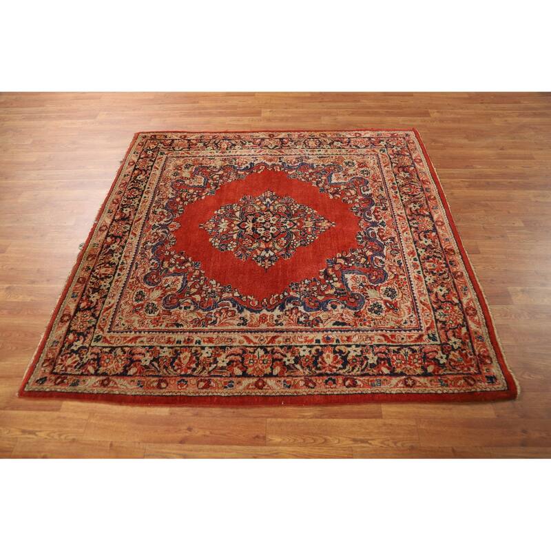 Orange Medallion Sarouk Persian Square Rug Handmade Wool Carpet - 5'1"x 5'2"
