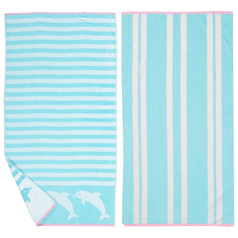 Luxurious Cotton Printed Beach Towel - Blue Dolphin & Stripes