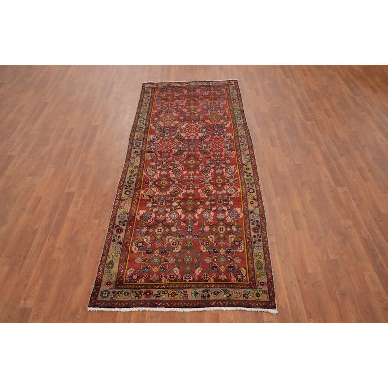 Hand Knotted Oriental 100% Wool Carpet Traditional Geometric Oranges & Rust Hamedan Runner Rug - 9' 8'' X 3' 10''