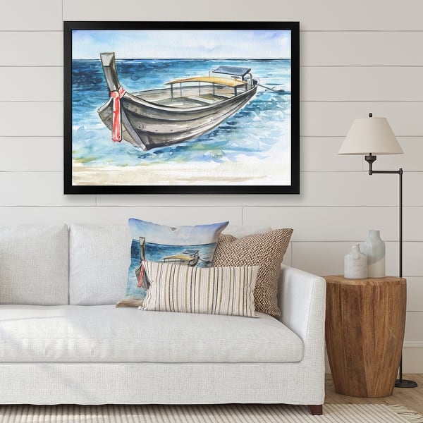 slide 1 of 10, Designart 'Sloop On Tropical Beach' Nautical & Coastal Framed Art Print 20 In. Wide x 12 In. High - Black