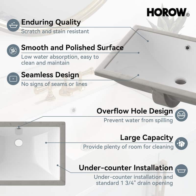 HOROW 23.6 in. Rectangular Undermount Glazed Ceramic Bathroom Sink in White with Integrated Overflow