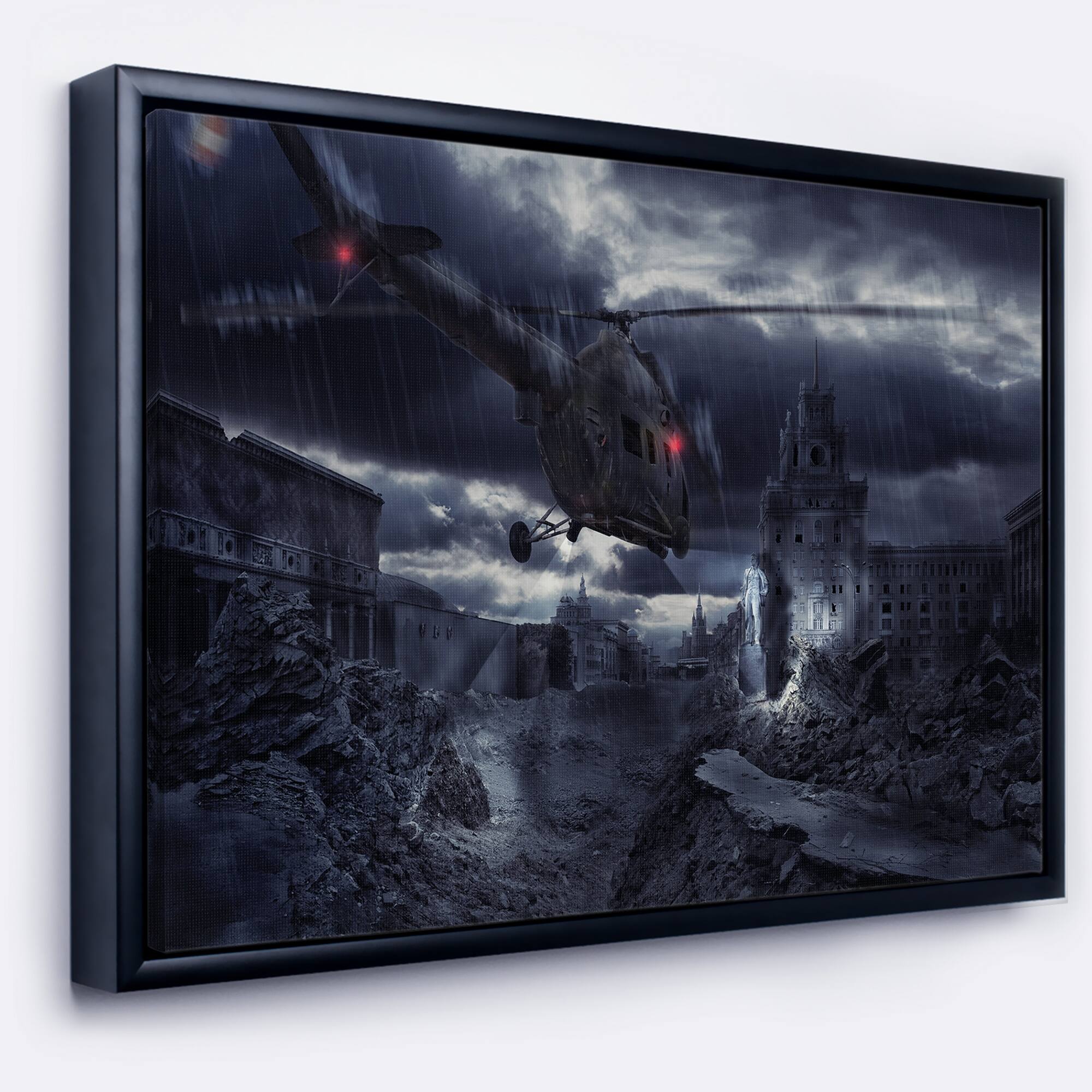 Designart "Helicopter over Storm Ruined City" Photography Framed Canvas