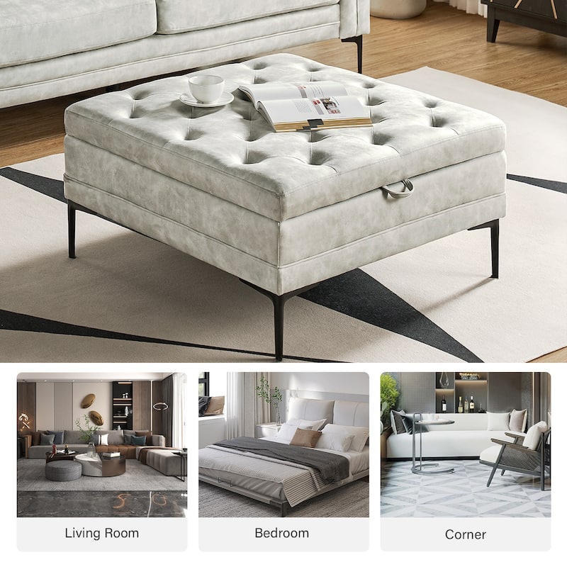 Geoffrev Transitional Lift Top Storage Button-Tufted Cocktail Ottoman by HULALA HOME