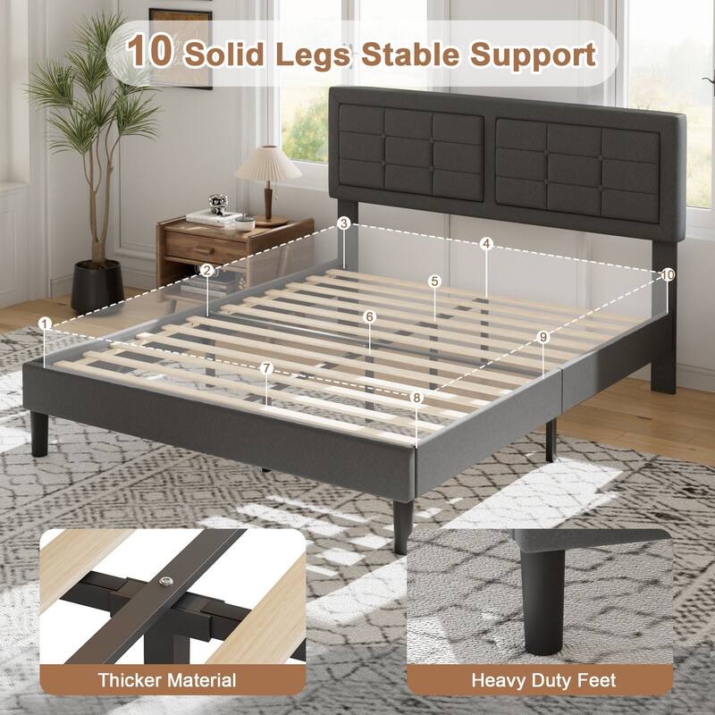 Javlergo Modern Upholstered Platform Bed Frame with Height Adjustable Tufted Headboard