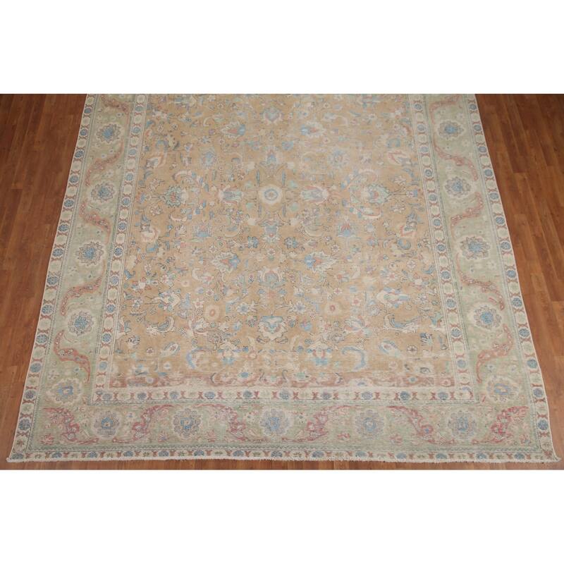 Hand Knotted Oriental 100% Wool Carpet Traditional All-Over Peach Tabriz Area Rug - 12' 8'' X 10' 0''