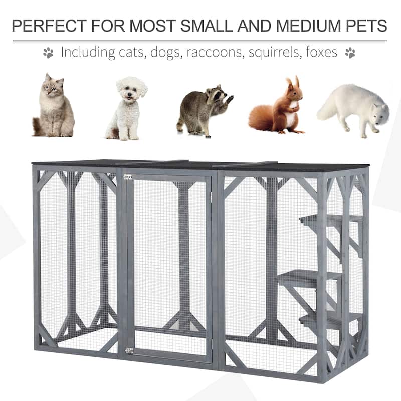 PawHut Wooden Outdoor Cat House Catio Kitten Enclosure Indoor Cage with Asphalt Roof, Multi-Level Platforms and Large Enter Door