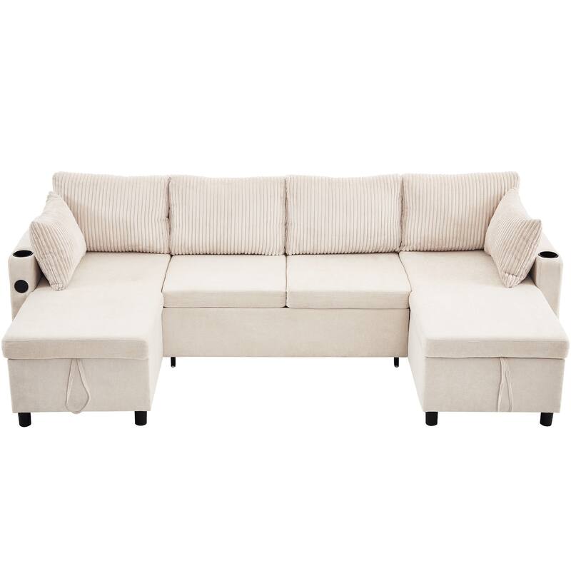 Sectional Sofa Pull-out Sofa Bed with Large Storage Space, 2 USB Ports and 2 Cup Holders Chenille Tufted Couch