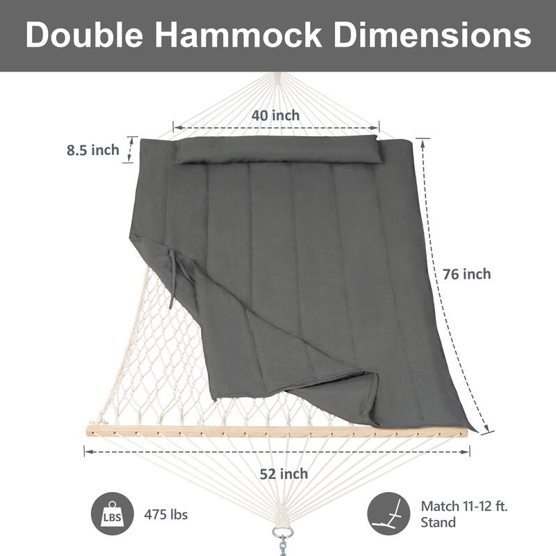 Durable 2 Person Rope Hammock with Polyester Quilted Pad and Pillow - 76*52