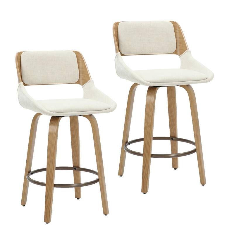 Mid-Century Modern Fabric and Wood 26" Counter Stool with Swivel, Set of 2 - Beige and Natural