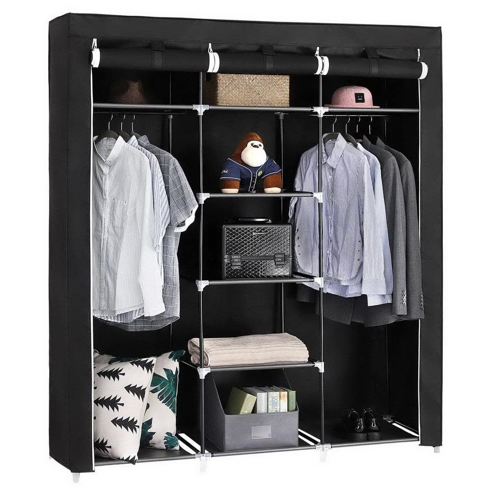 Portable Closet Organizer Wardrobe Storage Organizer with Cover Shelves Black
