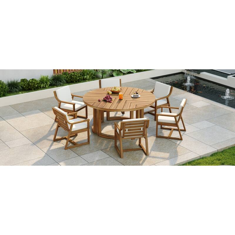 Round Patio Dining Table Set for 6 with Umbrella Hole Durable Acacia Wood Outdoor Furniture - Light Teak
