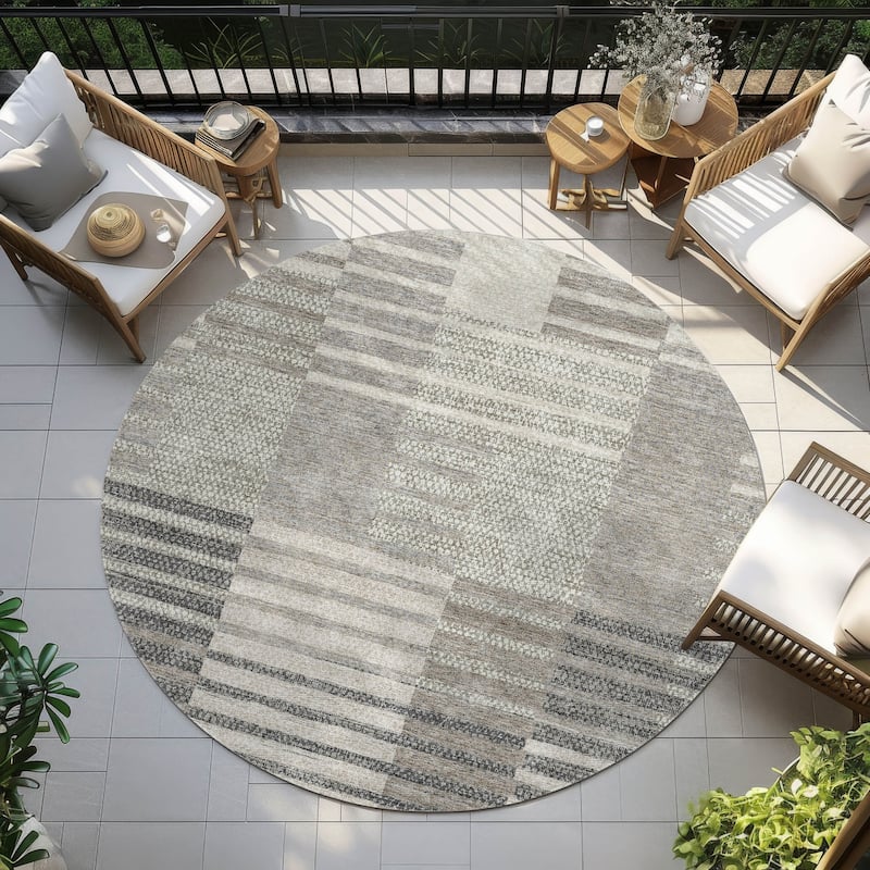 Machine Washable Indoor/ Outdoor Modern Stripes Chantille Rug - Beige - 8' x 8'