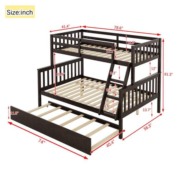 dimension image slide 2 of 3, Luxury Twin Over Full Rubber Wood Bunk Bed with Trundle, Convertible Ladder and Guardrail, Detachable, Convertible Bed