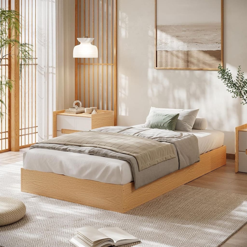 Space-Saving Sturdy Floor-Standing Platform Bed Frame, No Box Spring Needed, Pine Wood