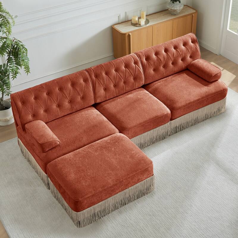 106" Velvet Sectional Sofa with Tassel Skirt Design and Ottoman