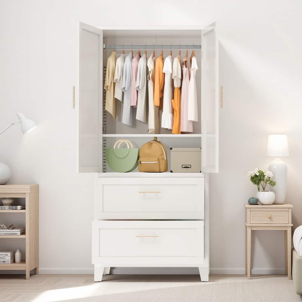 Rossetta 71" Tall Space-Saving Design Metal White Wardrobe Cabinet with Adjustable Shelf and Hanging Rod, Drawers