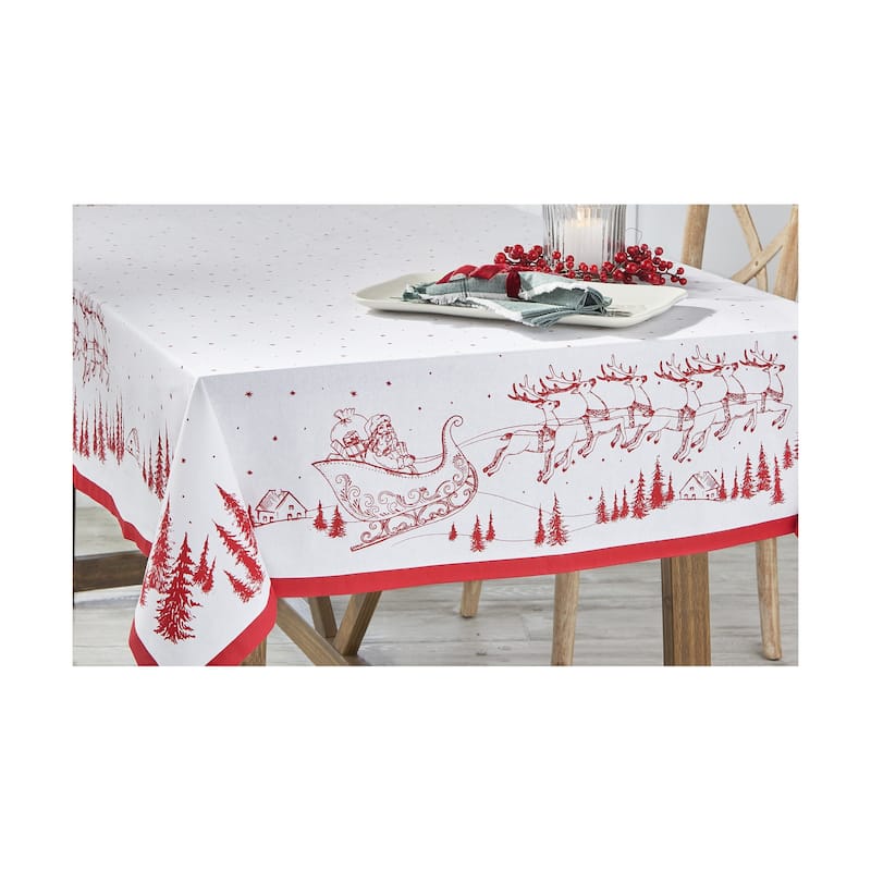 60"x 84" Santa & Reindeer Sleigh in Forest Red and White Cotton Oblong Christmas Tablecloth - 60 x 84