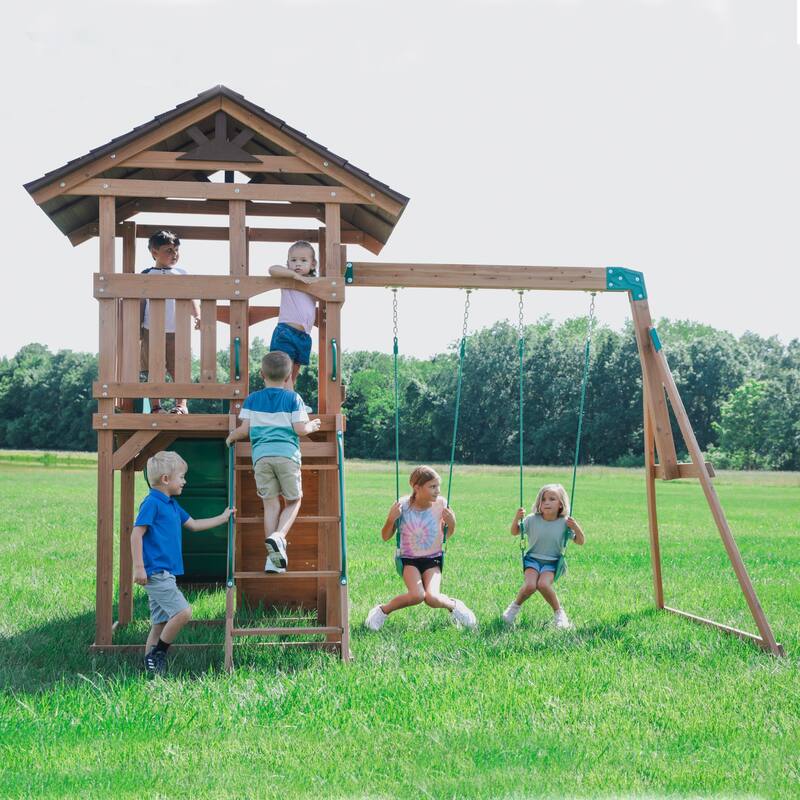 Backyard Discovery Lightning Ridge Cedar Wood Swing Set, Slide, Deck - 12'5" x 14'0"