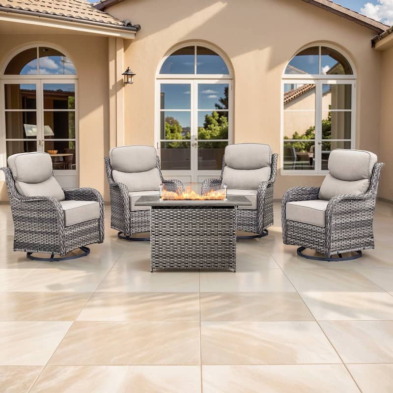 Pocassy Outdoor 6 Inch Sofa Chair Ottoman with Fire Pit Table Set - Grey Wicker Beige Cushion - 5 Pieces Swivel Chair with Fire Table