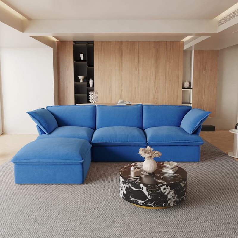 Large Velvet Upholstered Sectional Sofa 122'' L-shape Modular Couch with Ottoman - Blue