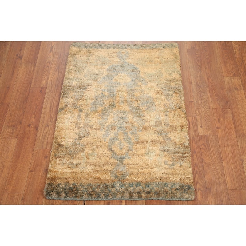 Hand Knotted Oriental Jute Carpet Modern Abstract Yellow & Gold Moroccan Area Rug - 3' 0'' X 2' 0''