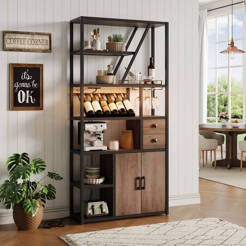 Wine Bar Cabinet with LED Lights, Tall Coffee Bar Station with Power Outlets and Wine Rack - Brown