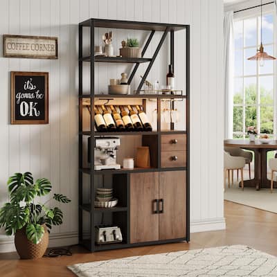 Wine Bar Cabinet with LED Lights, Tall Coffee Bar Station with Power Outlets and Wine Rack