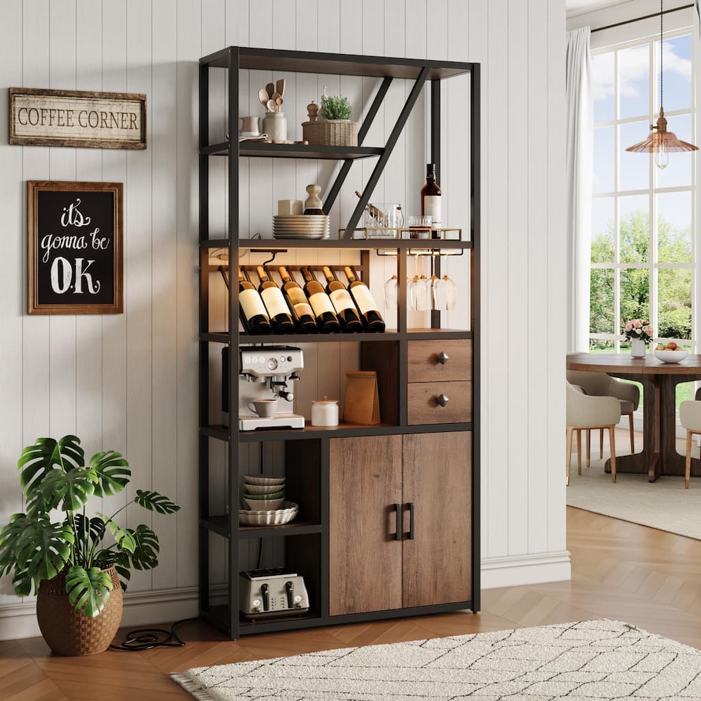 Wine Bar Cabinet with LED Lights, Tall Coffee Bar Station with Power Outlets and Wine Rack
