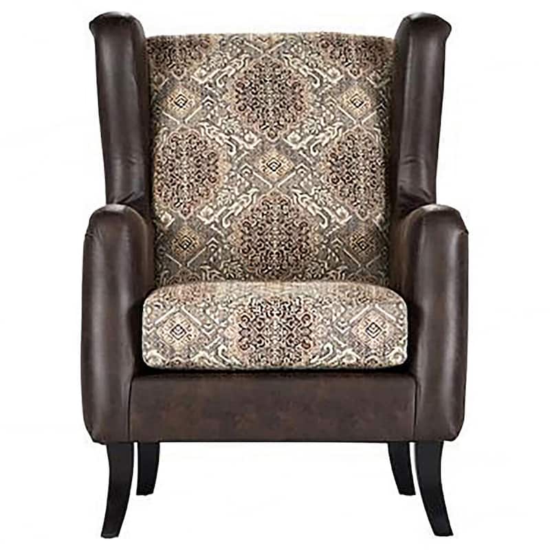 Miva Armchair, 33 Inch, Jacquard, Classic Wingback Brown Faux Leather