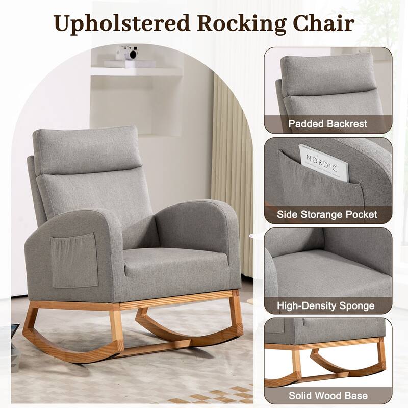 Nursery Chair Rocking Chair Glider Chair, Upholstered Accent Chair with Rubber Wood Legs, Comfy High Backrest, Side Pockets