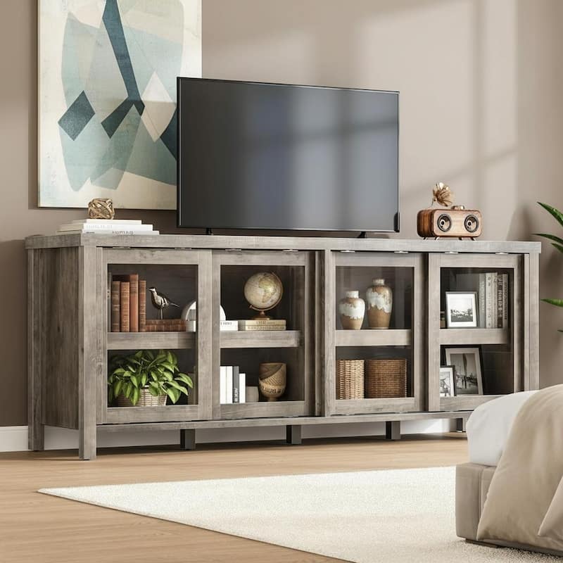 TV Stand, with 4 Sliding Glass Doors & Storage Cabinet - Grey